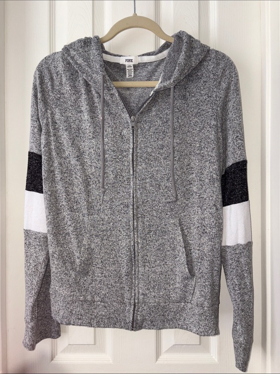 PINK Victoria's Secret Tops - PINK by Victoria's Secret Gray white striped lightweight soft Zip-Up Hoodie L